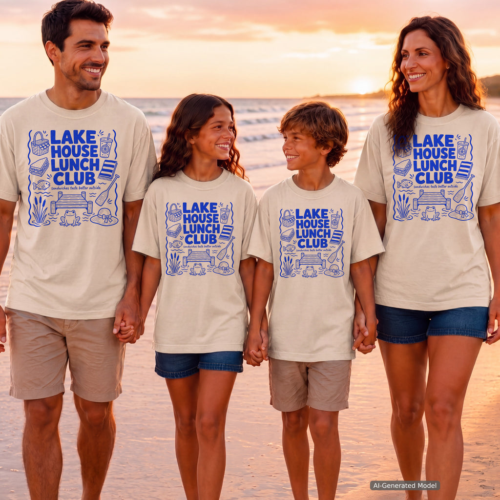 Lake House Lunch Club Lake Vacation Shirt in Ivory – worn on a family trip (AI-generated model photo)