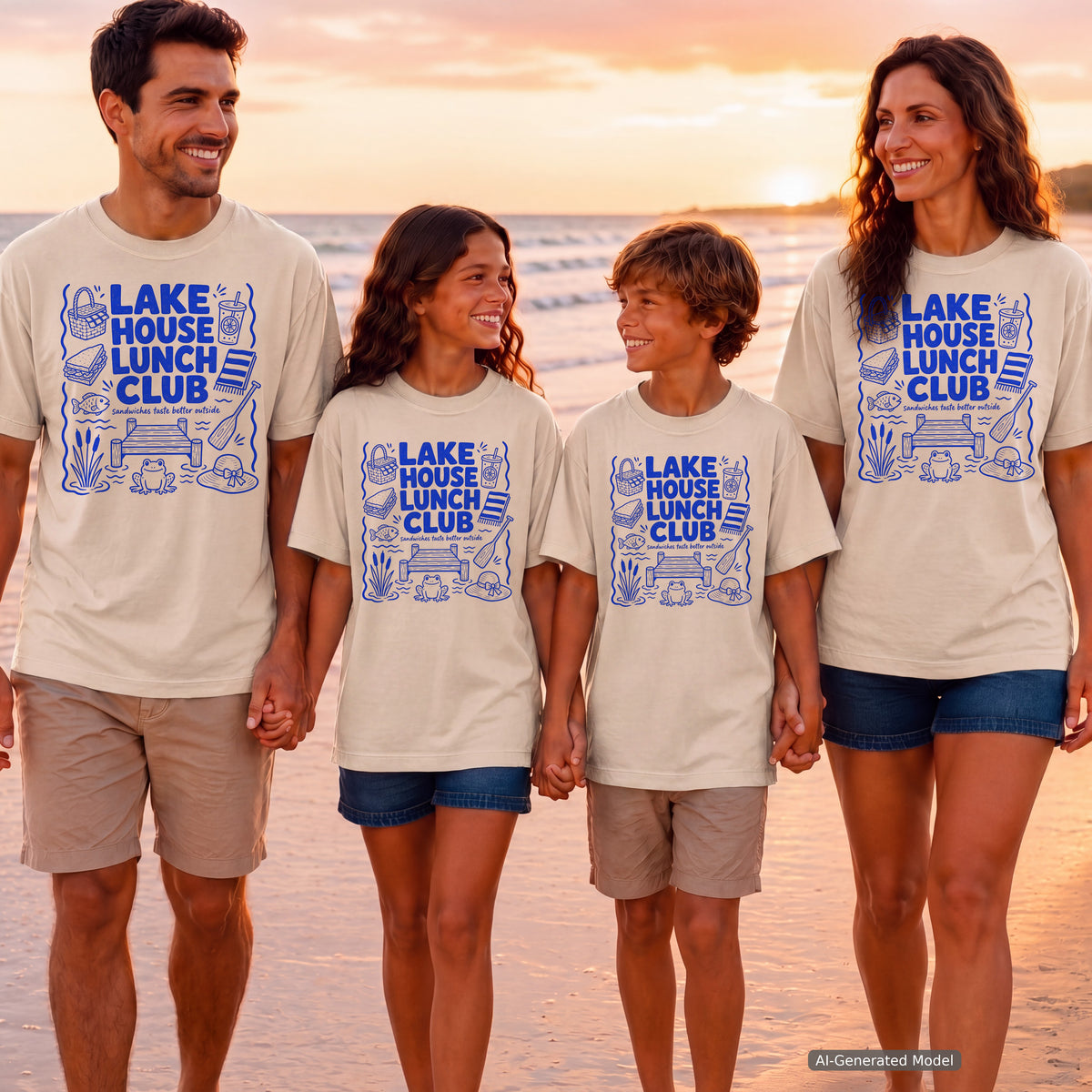 Lake House Lunch Club Lake Vacation Shirt in Ivory – worn on a family trip (AI-generated model photo)