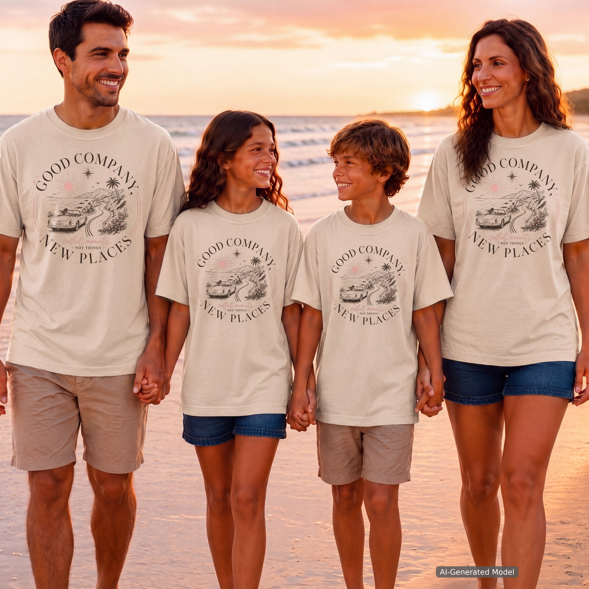 Good Company New Places Girls Trip Shirt in Ivory – worn on a family trip (AI-generated model photo)