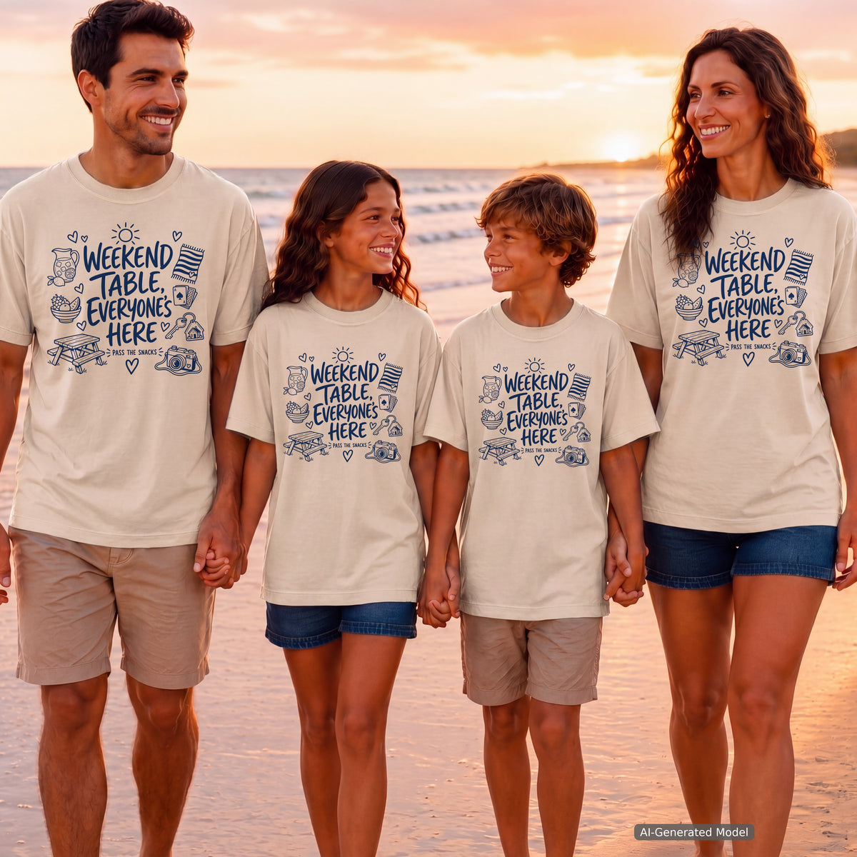 Weekend Table Everyone's Here Family Getaway Shirt in Ivory – worn on a family trip (AI-generated model photo)