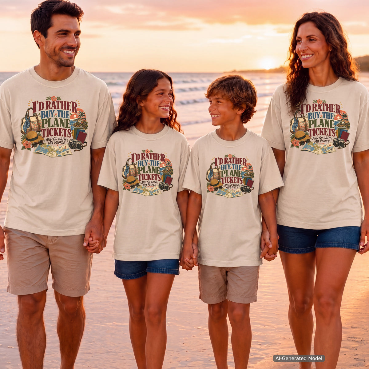I'd Rather Buy the Plane Tickets Travel Mom Shirt in Ivory – worn on a family trip (AI-generated model photo)