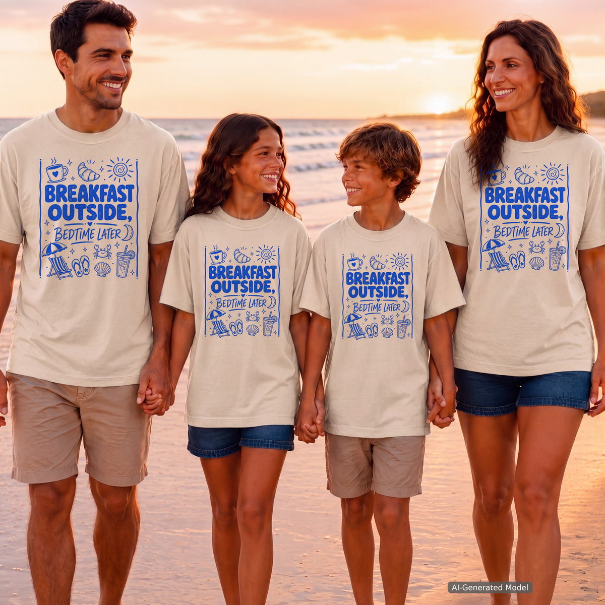 Breakfast Outside Bedtime Later Beach Vacation Shirt in Ivory – worn on a family trip (AI-generated model photo)