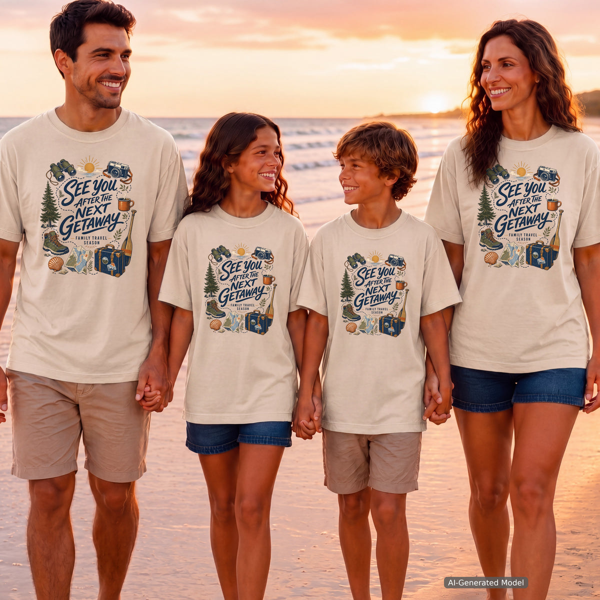 See You After the Next Getaway Family Travel Shirt in Ivory – worn on a family trip (AI-generated model photo)