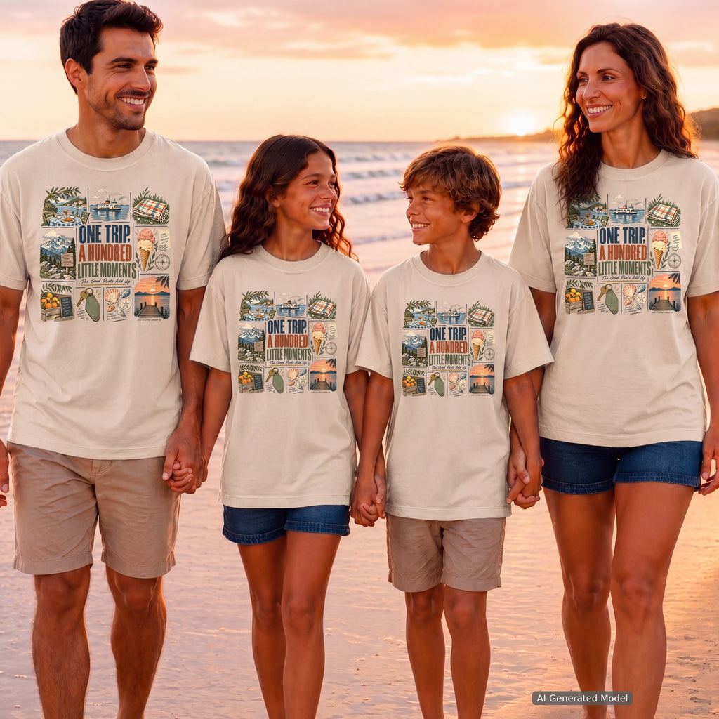 One Trip a Hundred Little Moments Family Travel Shirt in Ivory – worn on a family trip (AI-generated model photo)