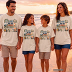 One Trip a Hundred Little Moments Family Travel Shirt in Ivory – worn on a family trip (AI-generated model photo)