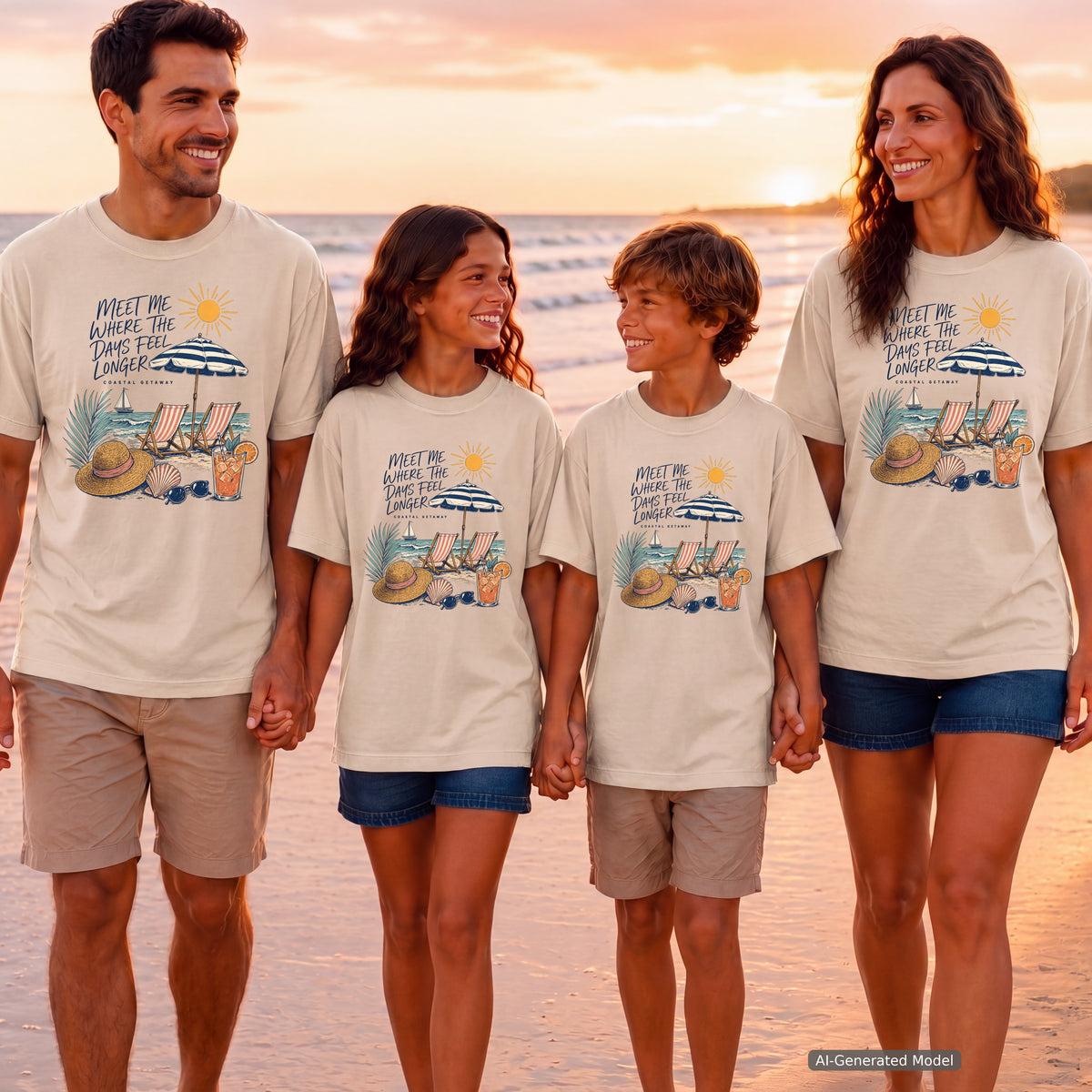 Meet Me Where the Days Feel Longer Beach Vacation Shirt in Ivory – worn on a family trip (AI-generated model photo)