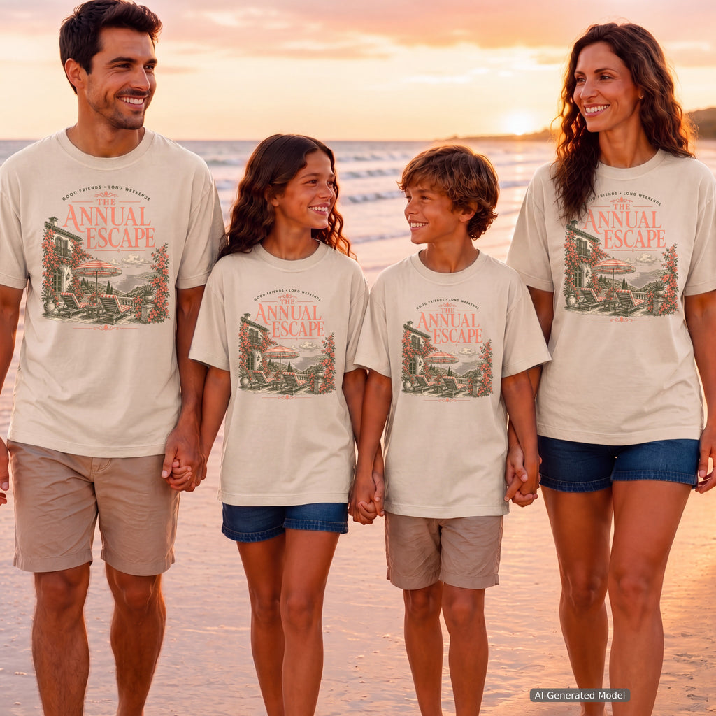 The Annual Escape Girls Trip Shirt in Ivory – worn on a family trip (AI-generated model photo)