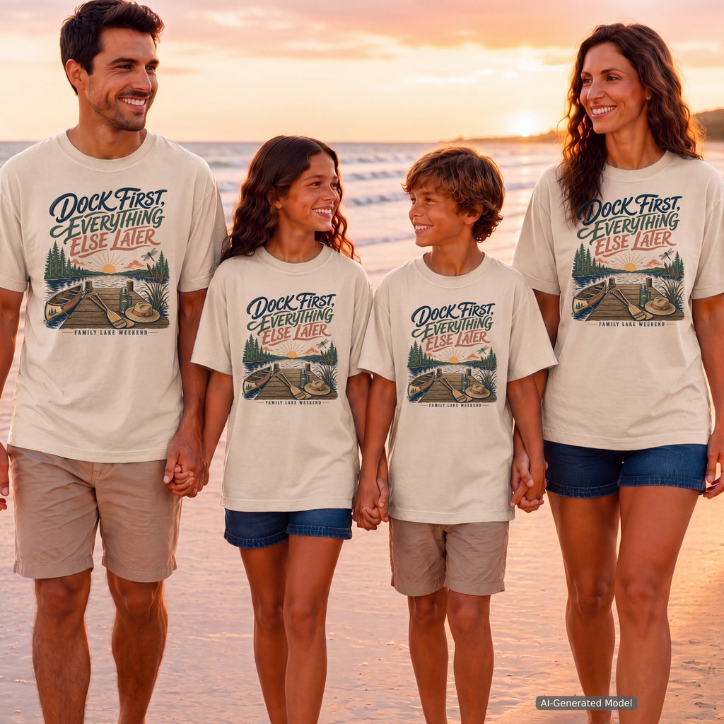 Dock First Everything Else Later Lake Vacation Shirt in Ivory – worn on a family trip (AI-generated model photo)
