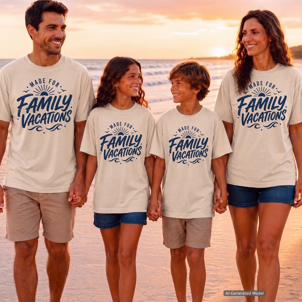 Made for Family Vacations Retro Travel Shirt in Ivory – worn on a family trip (AI-generated model photo)