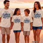 Made for Family Vacations Retro Travel Shirt in Ivory – worn on a family trip (AI-generated model photo)