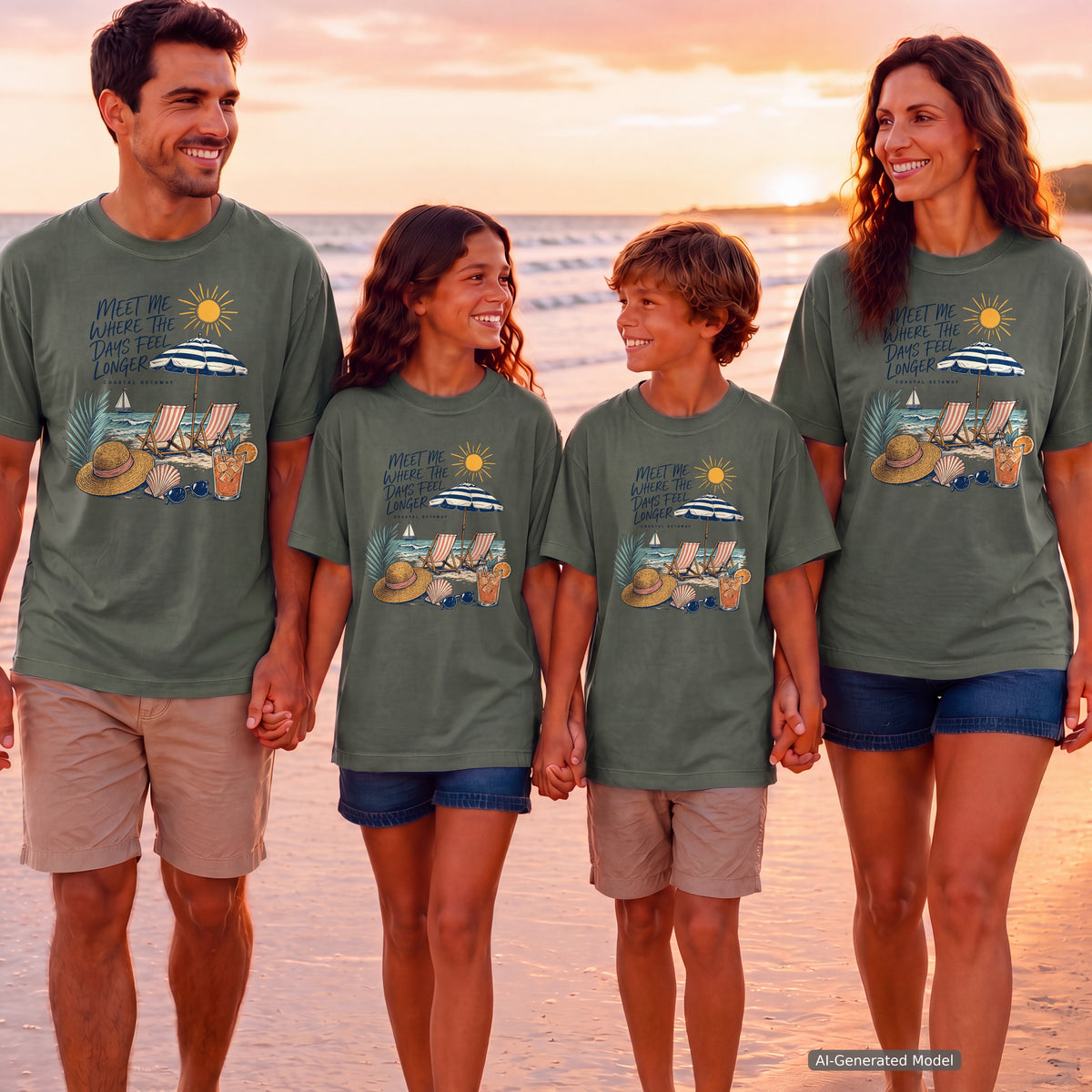 Meet Me Where the Days Feel Longer Beach Vacation Shirt in Moss – worn on a family trip (AI-generated model photo)