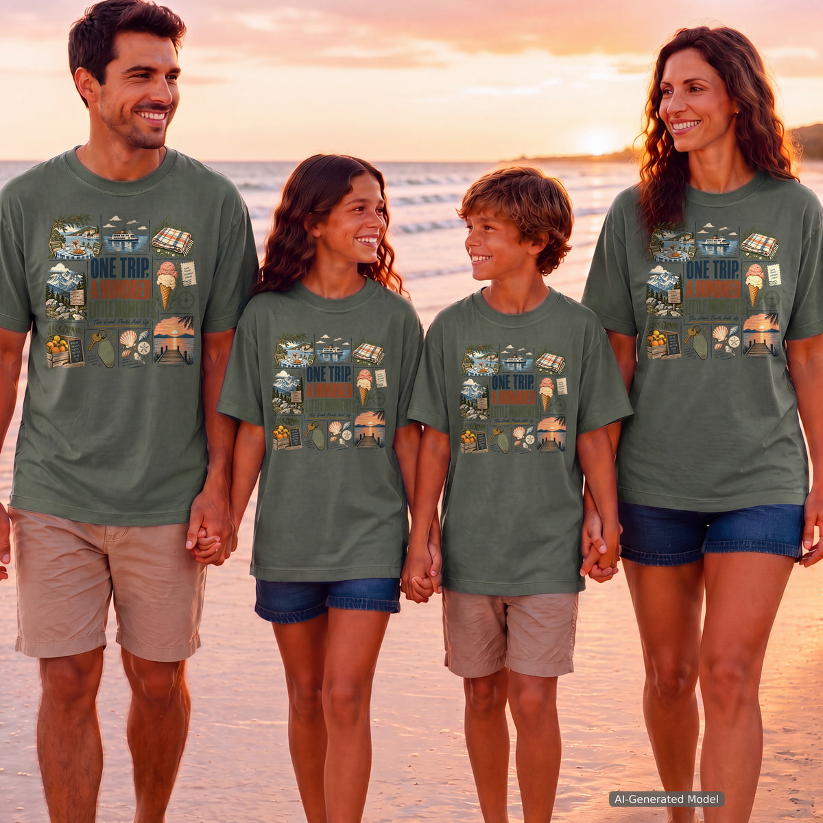 One Trip a Hundred Little Moments Family Travel Shirt in Moss – worn on a family trip (AI-generated model photo)