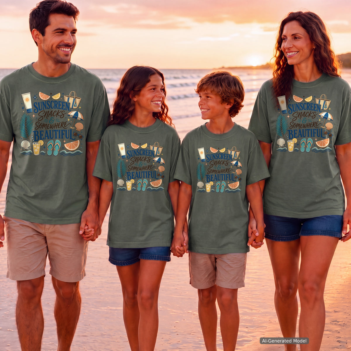Sunscreen Snacks and Somewhere Beautiful Beach Vacation Shirt in Moss – worn on a family trip (AI-generated model photo)