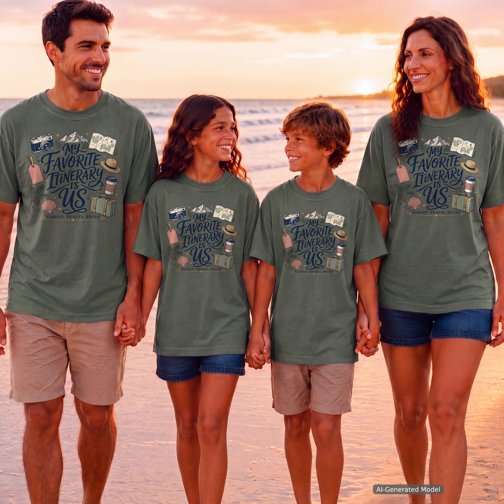 My Favorite Itinerary Is Us Travel Mom Shirt in Moss – worn on a family trip (AI-generated model photo)