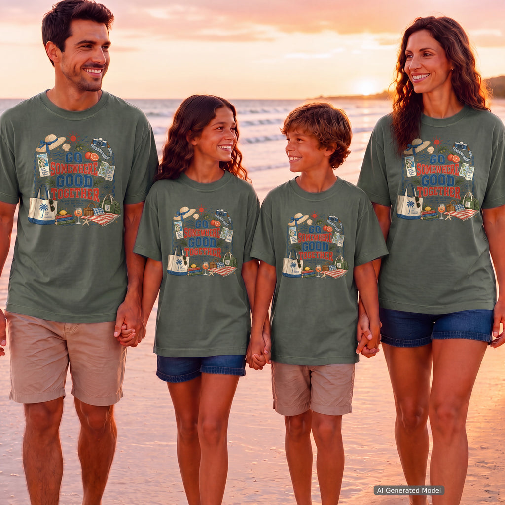 Go Somewhere Good Together Beach Vacation Shirt in Moss – worn on a family trip (AI-generated model photo)