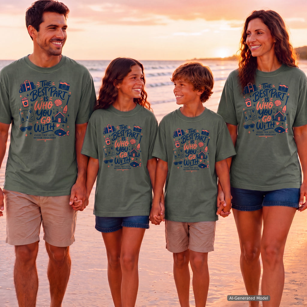 The Best Part Is Who You Go With Family Travel Shirt in Moss – worn on a family trip (AI-generated model photo)