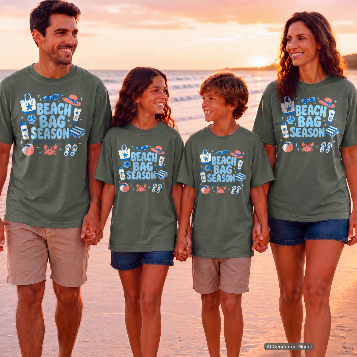 Beach Bag Season Beach Vacation Shirt in Moss – worn on a family trip (AI-generated model photo)