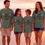 Weekends Are for Going Somewhere Camping Shirt in Moss – worn on a family trip (AI-generated model photo)