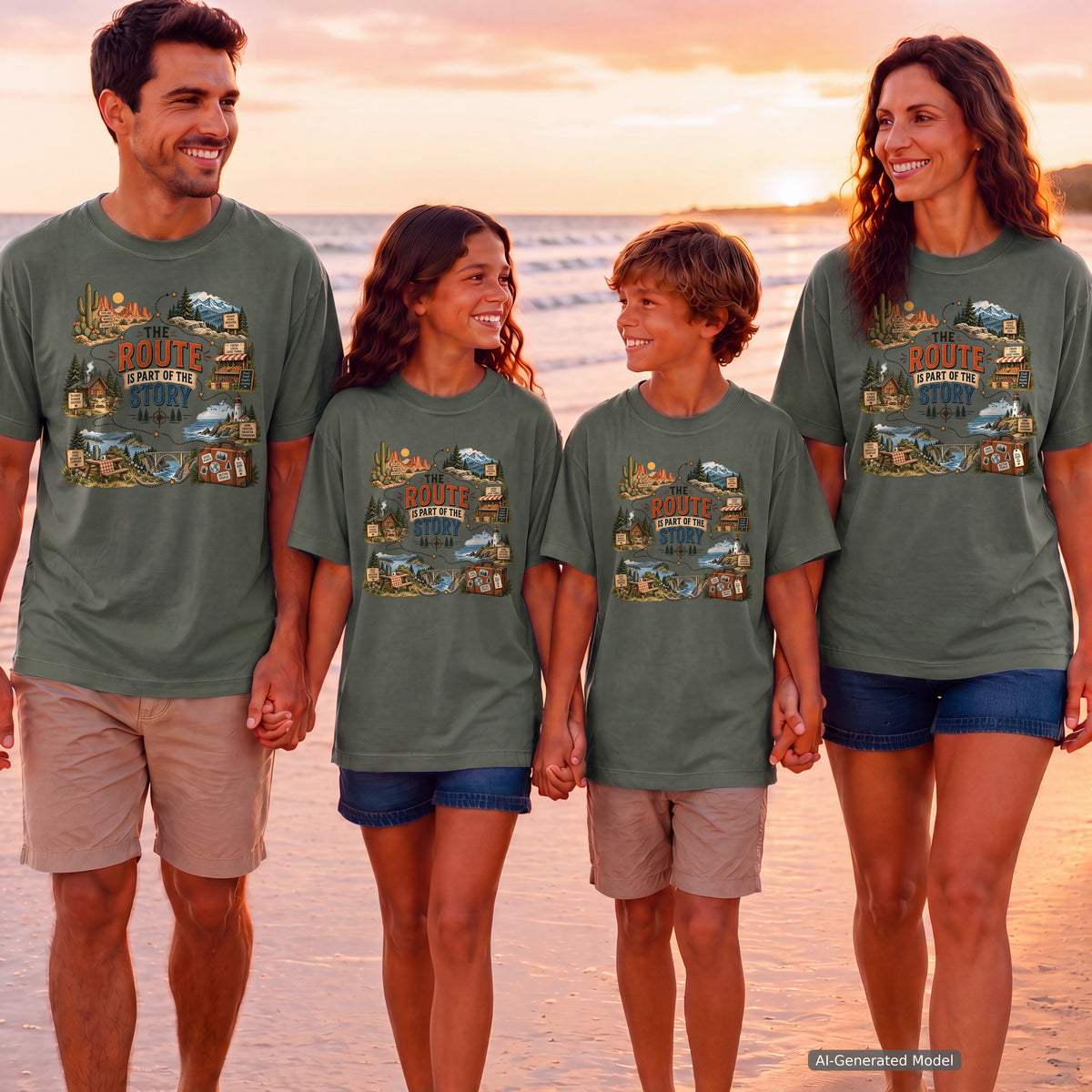 The Route Is Part of the Story Road Trip Shirt in Moss – worn on a family trip (AI-generated model photo)