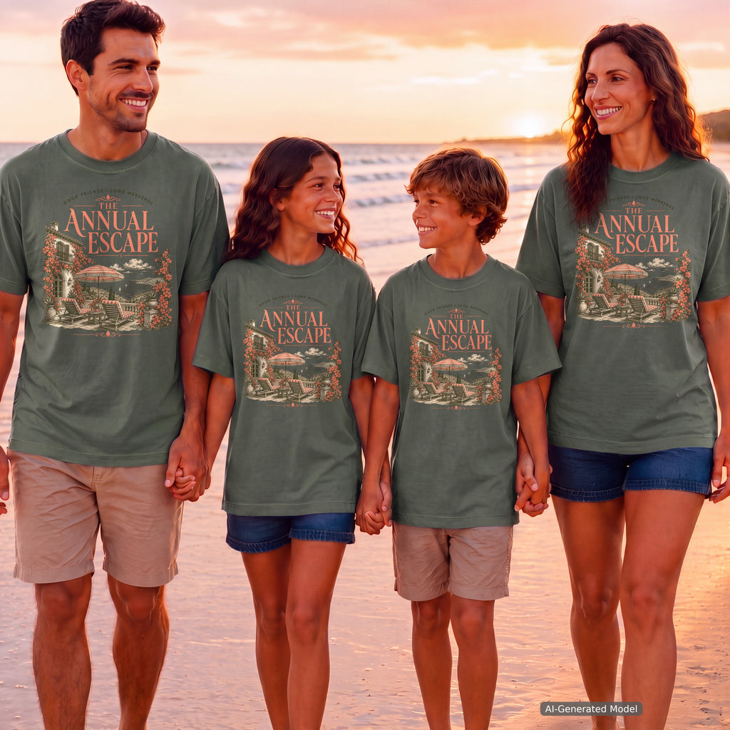 The Annual Escape Girls Trip Shirt in Moss – worn on a family trip (AI-generated model photo)