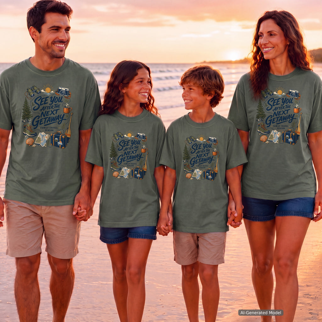 See You After the Next Getaway Family Travel Shirt in Moss – worn on a family trip (AI-generated model photo)