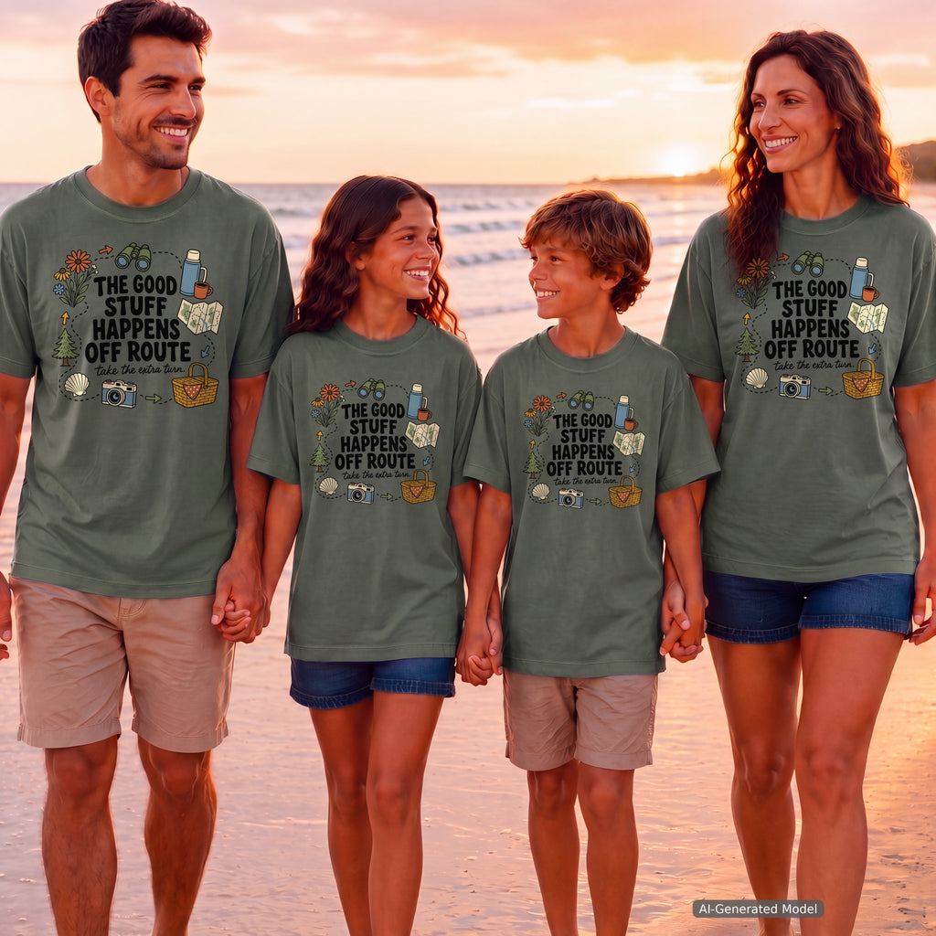 The Good Stuff Happens Off Route Road Trip Shirt in Moss – worn on a family trip (AI-generated model photo)