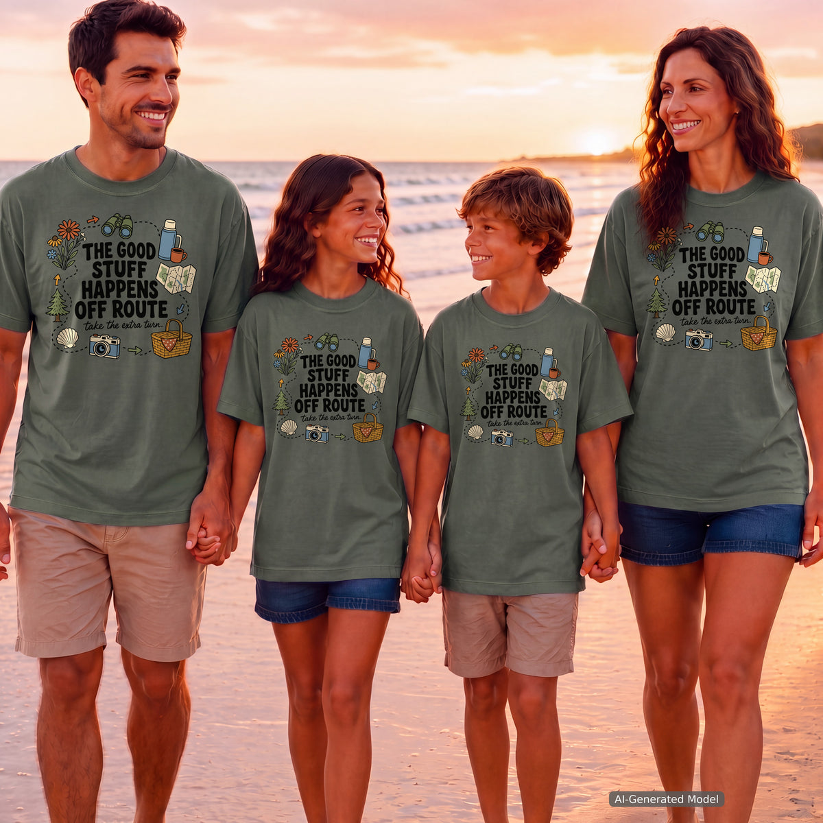 The Good Stuff Happens Off Route Road Trip Shirt in Moss – worn on a family trip (AI-generated model photo)