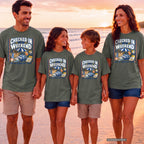 Checked In for the Weekend Beach Vacation Shirt in Moss – worn on a family trip (AI-generated model photo)