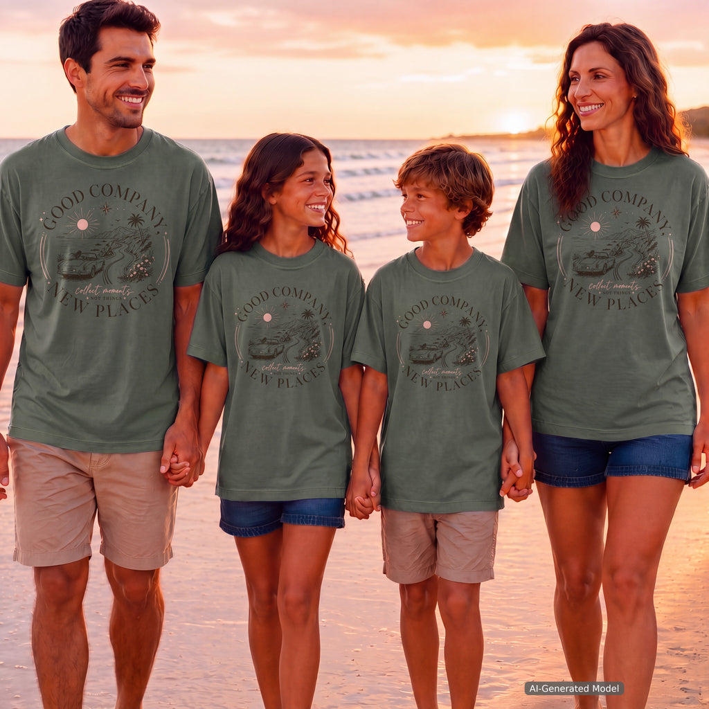 Good Company New Places Girls Trip Shirt in Moss – worn on a family trip (AI-generated model photo)