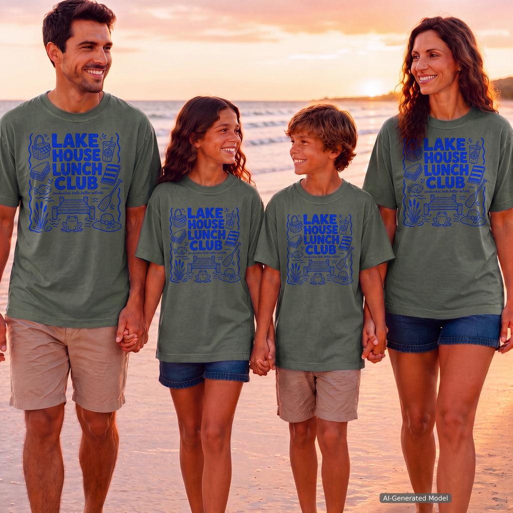 Lake House Lunch Club Lake Vacation Shirt in Moss – worn on a family trip (AI-generated model photo)