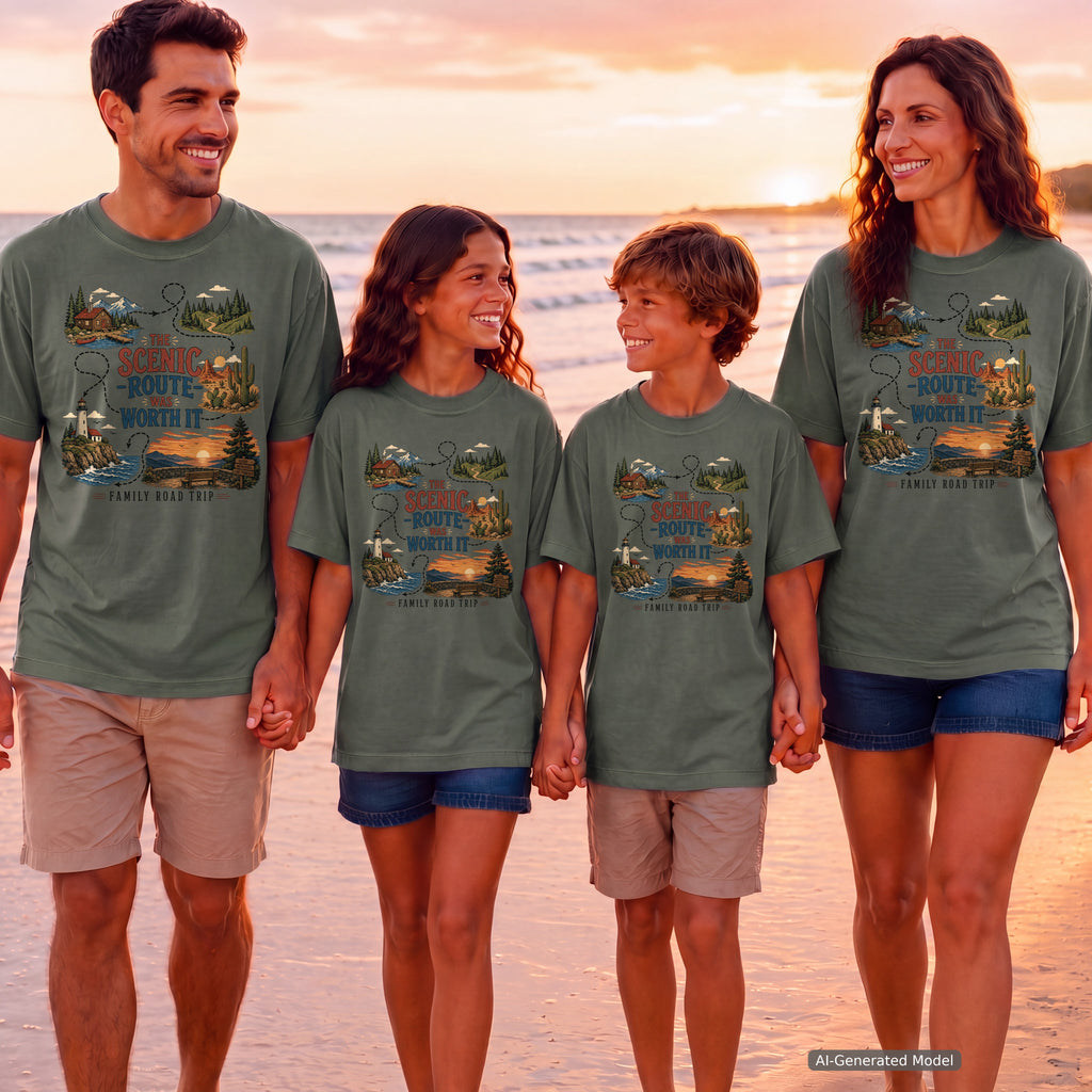 The Scenic Route Was Worth It Road Trip Shirt in Moss – worn on a family trip (AI-generated model photo)