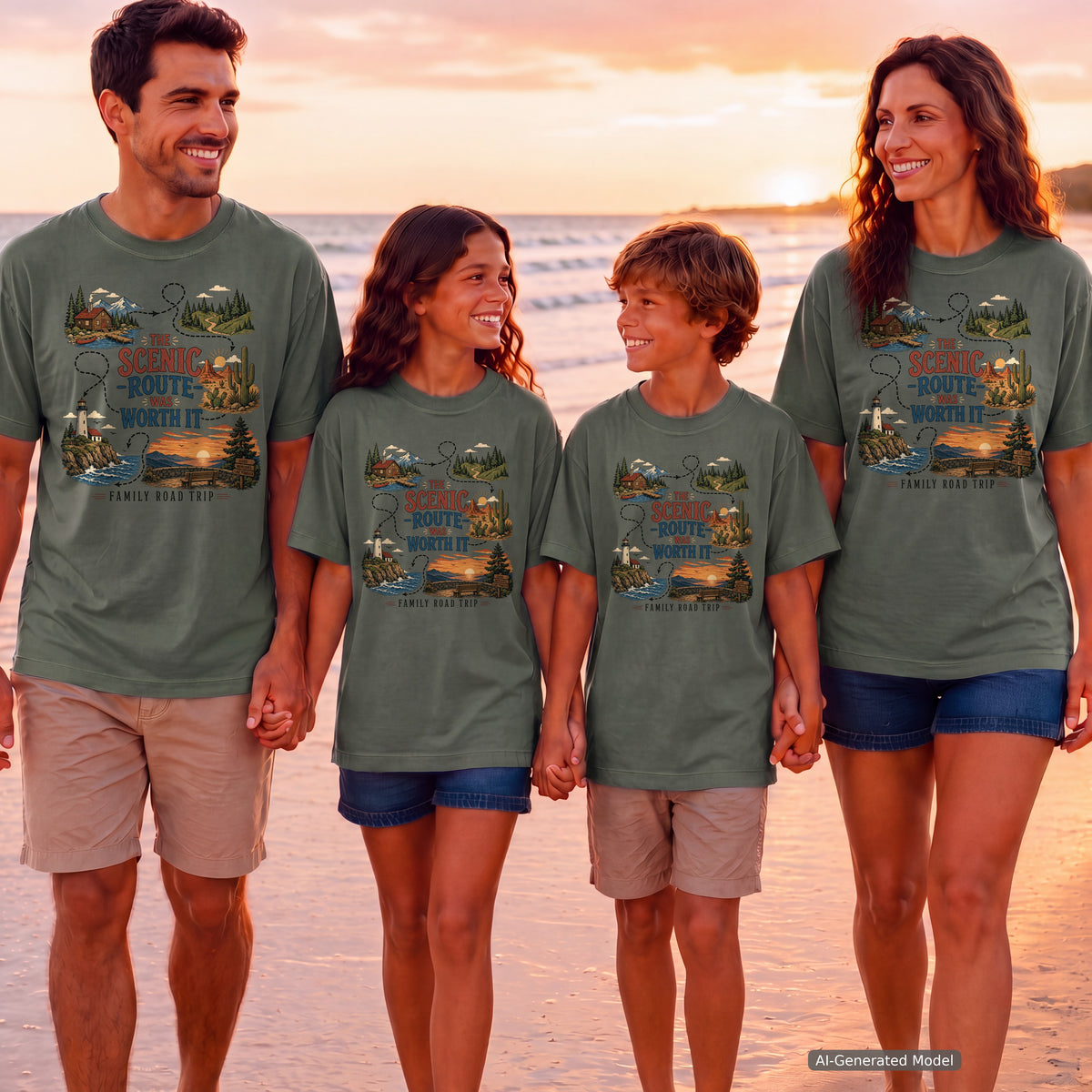 The Scenic Route Was Worth It Road Trip Shirt in Moss – worn on a family trip (AI-generated model photo)
