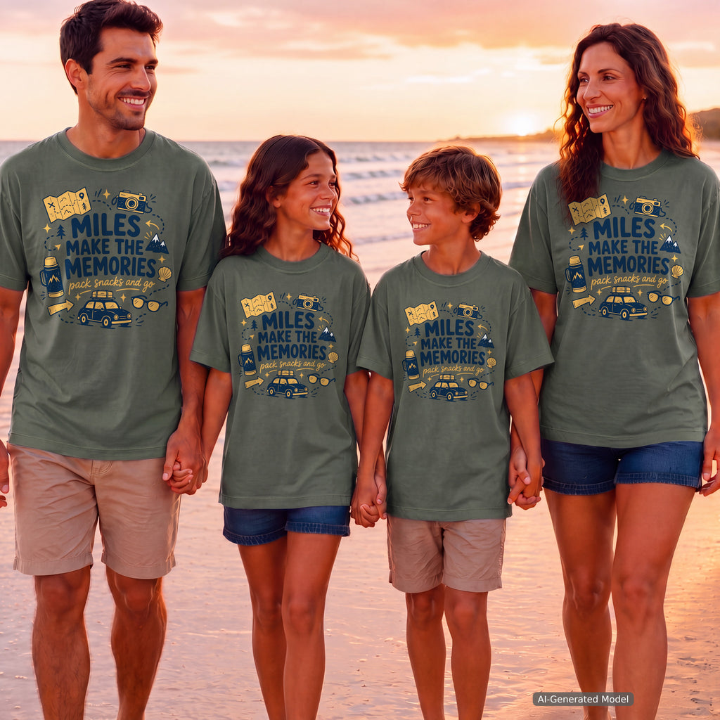 Miles Make the Memories Road Trip Shirt in Moss – worn on a family trip (AI-generated model photo)