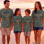 Dock First Everything Else Later Lake Vacation Shirt in Moss – worn on a family trip (AI-generated model photo)