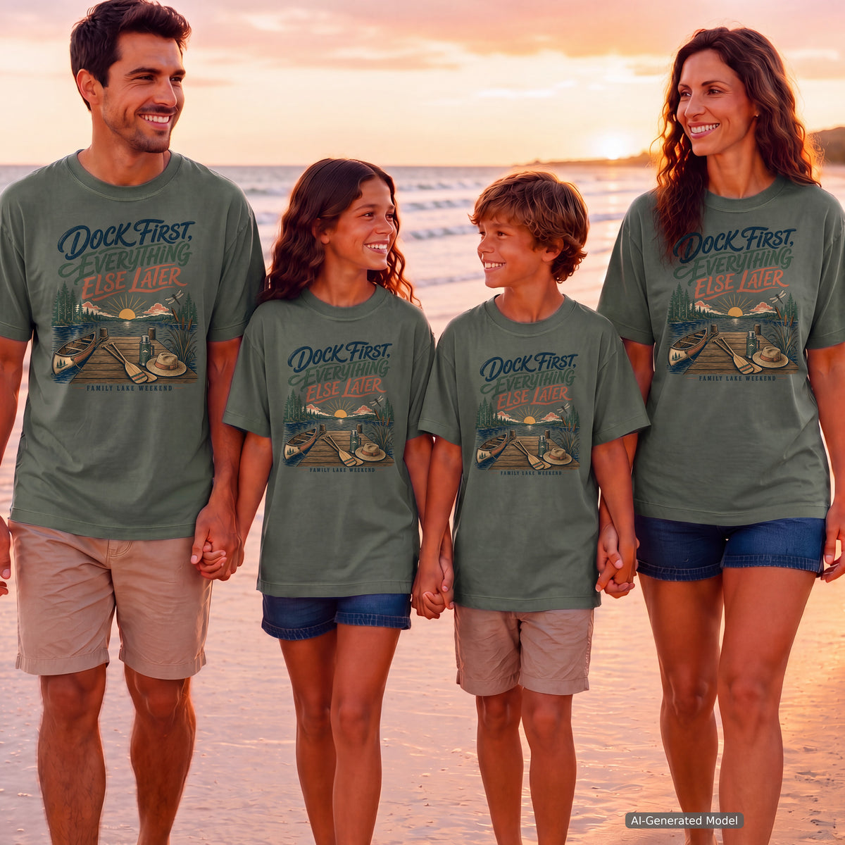 Dock First Everything Else Later Lake Vacation Shirt in Moss – worn on a family trip (AI-generated model photo)