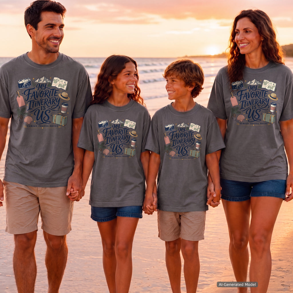 My Favorite Itinerary Is Us Travel Mom Shirt in Pepper – worn on a family trip (AI-generated model photo)