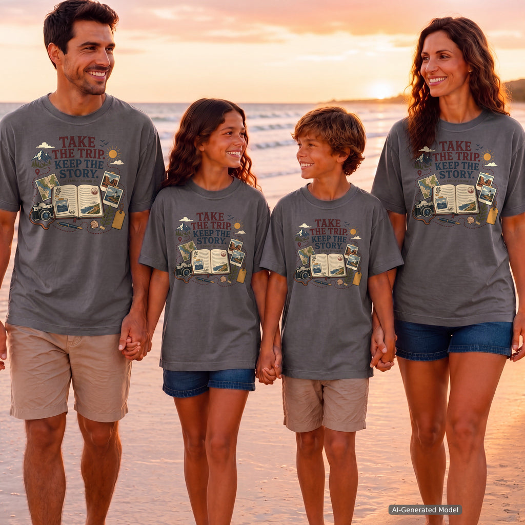 Take the Trip Keep the Story Youth Tee – Kids' Comfort Colors Road Trip Shirt in Pepper – worn on a family trip (AI-generated model photo)