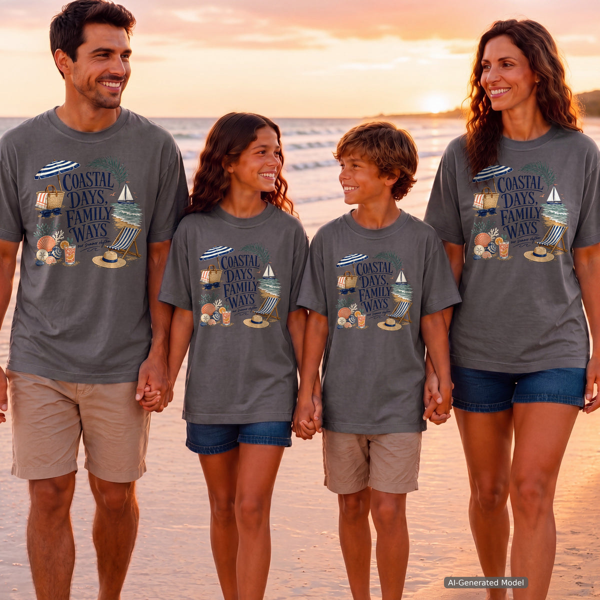 Coastal Days Family Ways Youth Tee – Kids' Comfort Colors Beach Vacation Shirt in Pepper – worn on a family trip (AI-generated model photo)