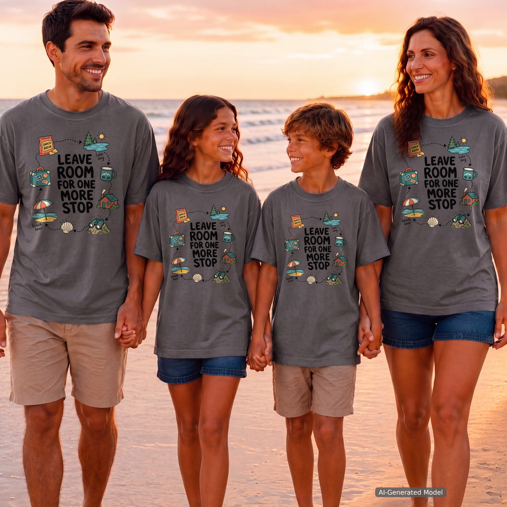 Leave Room for One More Stop Road Trip Shirt in Pepper – worn on a family trip (AI-generated model photo)