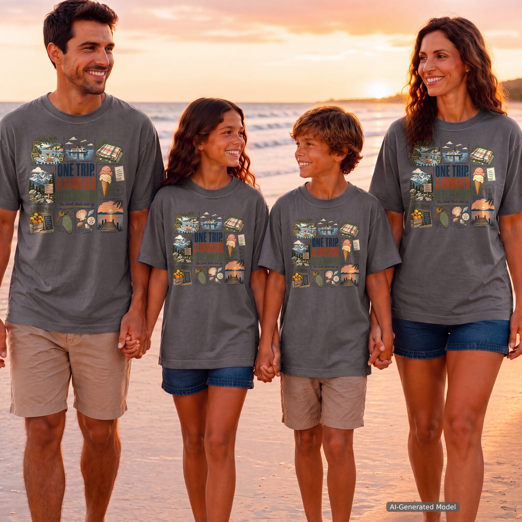 One Trip a Hundred Little Moments Youth Tee – Kids' Comfort Colors Family Travel Shirt in Pepper – worn on a family trip (AI-generated model photo)