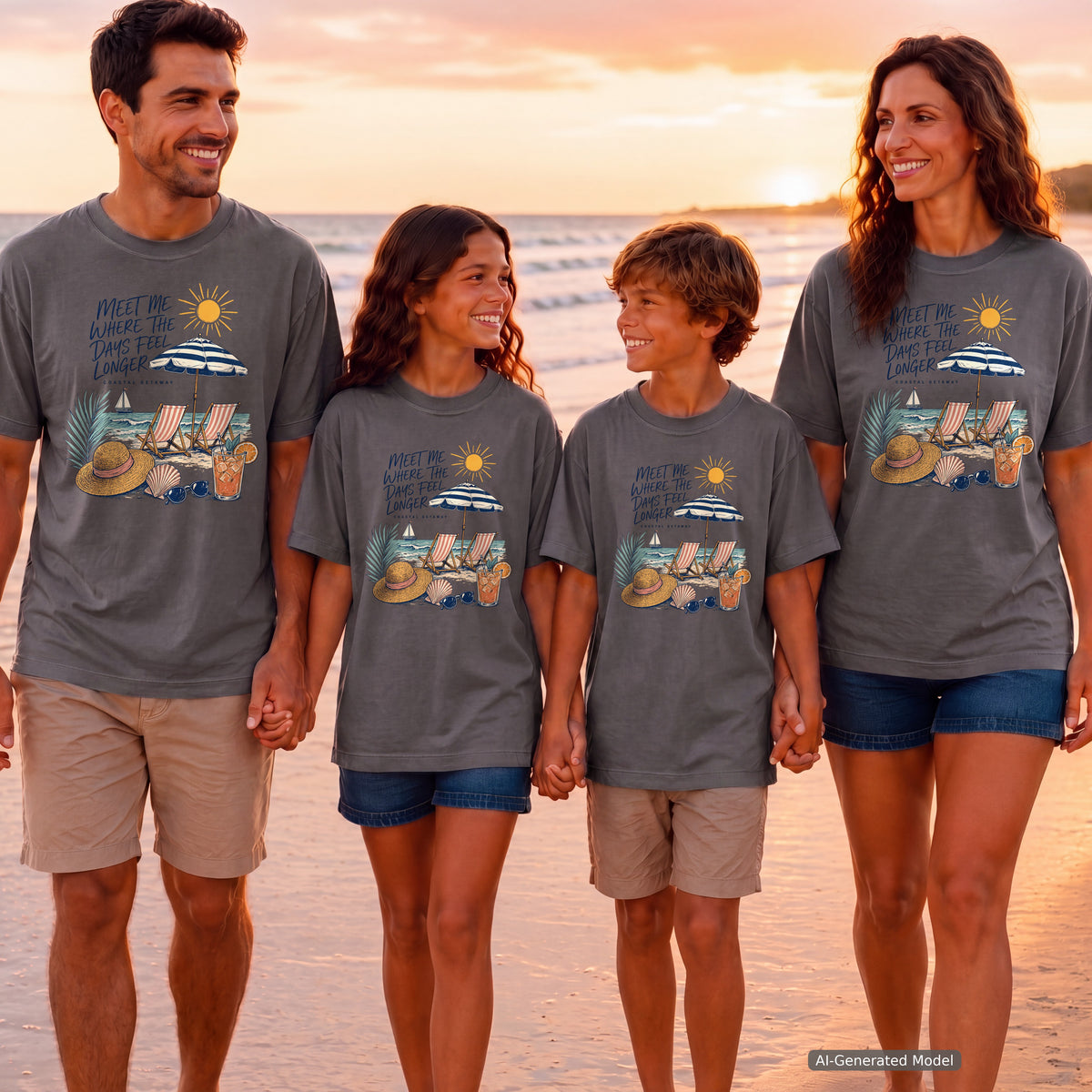 Meet Me Where the Days Feel Longer Beach Vacation Shirt in Pepper – worn on a family trip (AI-generated model photo)