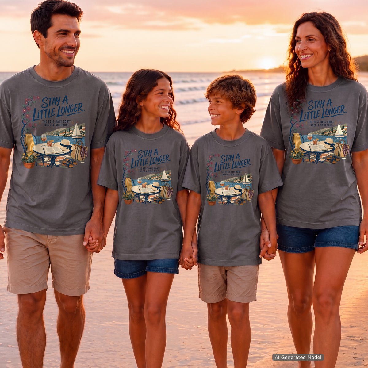 Stay a Little Longer Girls Trip Shirt in Pepper – worn on a family trip (AI-generated model photo)