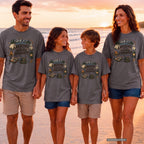 Weekends Are for Going Somewhere Youth Tee – Kids' Comfort Colors Camping Shirt in Pepper – worn on a family trip (AI-generated model photo)