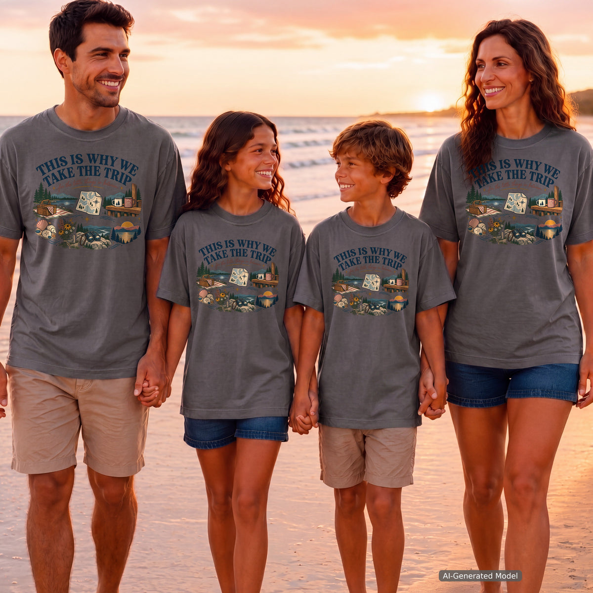 This Is Why We Take the Trip Youth Tee – Kids' Comfort Colors Lake Vacation Shirt in Pepper – worn on a family trip (AI-generated model photo)