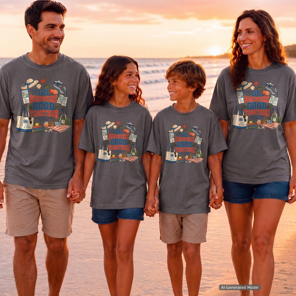 Go Somewhere Good Together Youth Tee – Kids' Comfort Colors Beach Vacation Shirt in Pepper – worn on a family trip (AI-generated model photo)