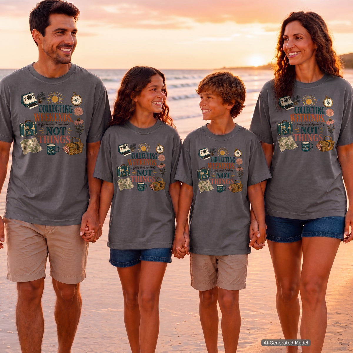 Collecting Weekends Not Things Family Getaway Shirt in Pepper – worn on a family trip (AI-generated model photo)