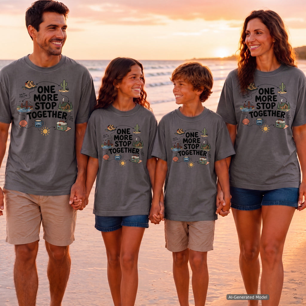 One More Stop Together Youth Tee – Kids' Comfort Colors Road Trip Shirt in Pepper – worn on a family trip (AI-generated model photo)