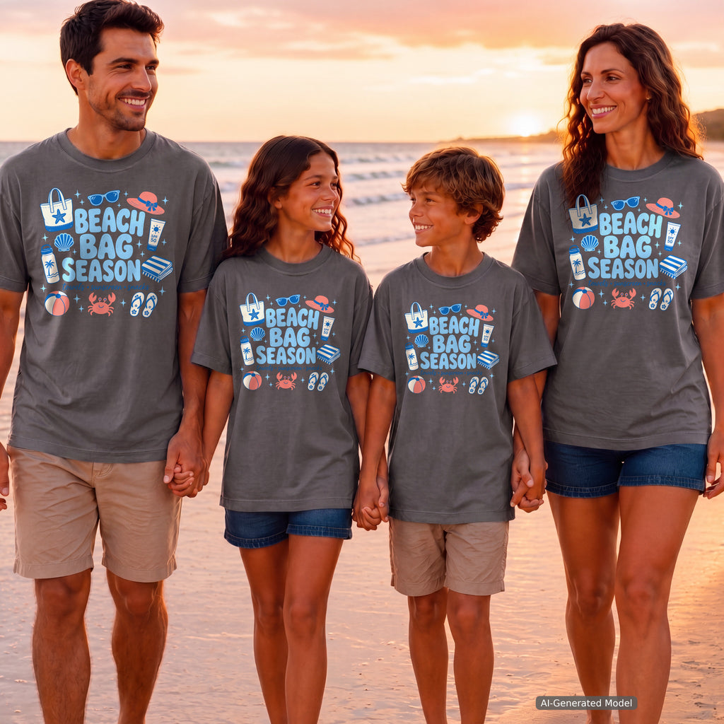 Beach Bag Season Beach Vacation Shirt in Pepper – worn on a family trip (AI-generated model photo)