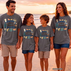 Sunscreen Snacks and Somewhere Beautiful Beach Vacation Shirt in Pepper – worn on a family trip (AI-generated model photo)