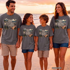 Trips We'll Talk About Forever Family Travel Shirt in Pepper – worn on a family trip (AI-generated model photo)